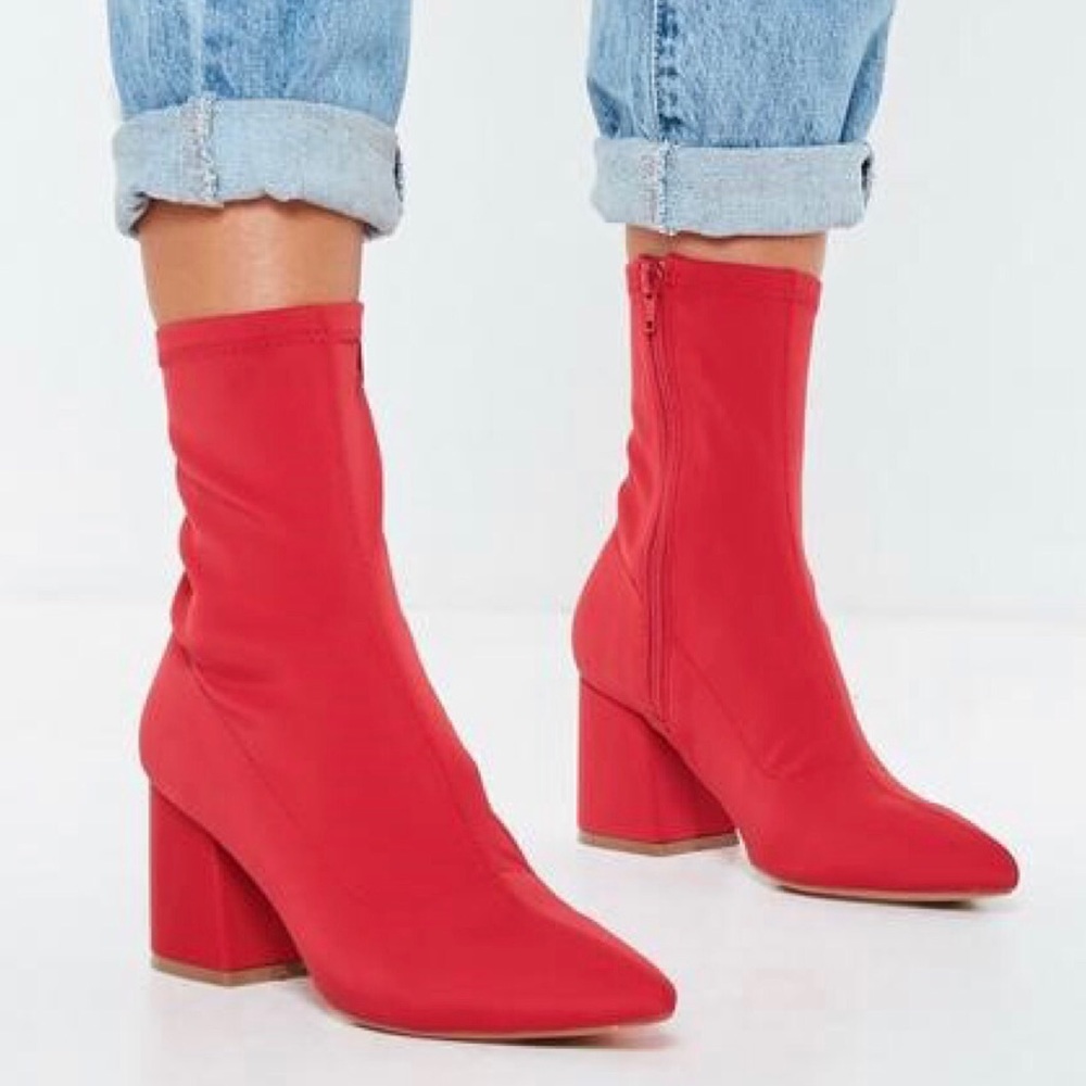 Red mid-heel sock boot